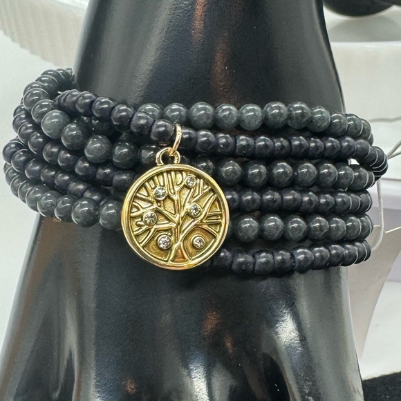 Set of 6 Stretch Black and Grey Beaded Bracelets with Tree Of Life Charm - Picture 11 of 13